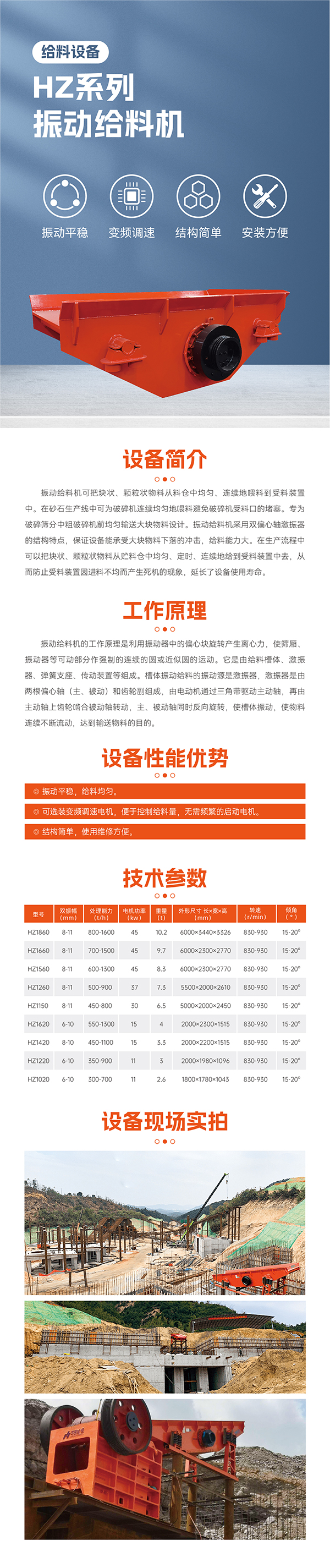 振動(dòng)平穩(wěn),給料均勻。 可選裝變頻調(diào)速電機(jī),便于控制;給料量,無需頻繁的啟動(dòng)電機(jī)。 結(jié)構(gòu)簡(jiǎn)單,使用維修方便。 最大標(biāo)準(zhǔn)型號(hào)HZ1860振動(dòng)給料機(jī)標(biāo)配45KW電機(jī) 雙振幅 8-11mm 重量10.2噸,轉(zhuǎn)速830-930R/min 安裝傾角 15-20度, 處理量可達(dá)800-1600噸 適合大型生產(chǎn)線礦山項(xiàng)目使用一般使用在時(shí)產(chǎn)1000-2000噸,此系列振動(dòng)給料機(jī)可根據(jù)具體客戶實(shí)際需要加大尺寸響應(yīng)提升給料效率!